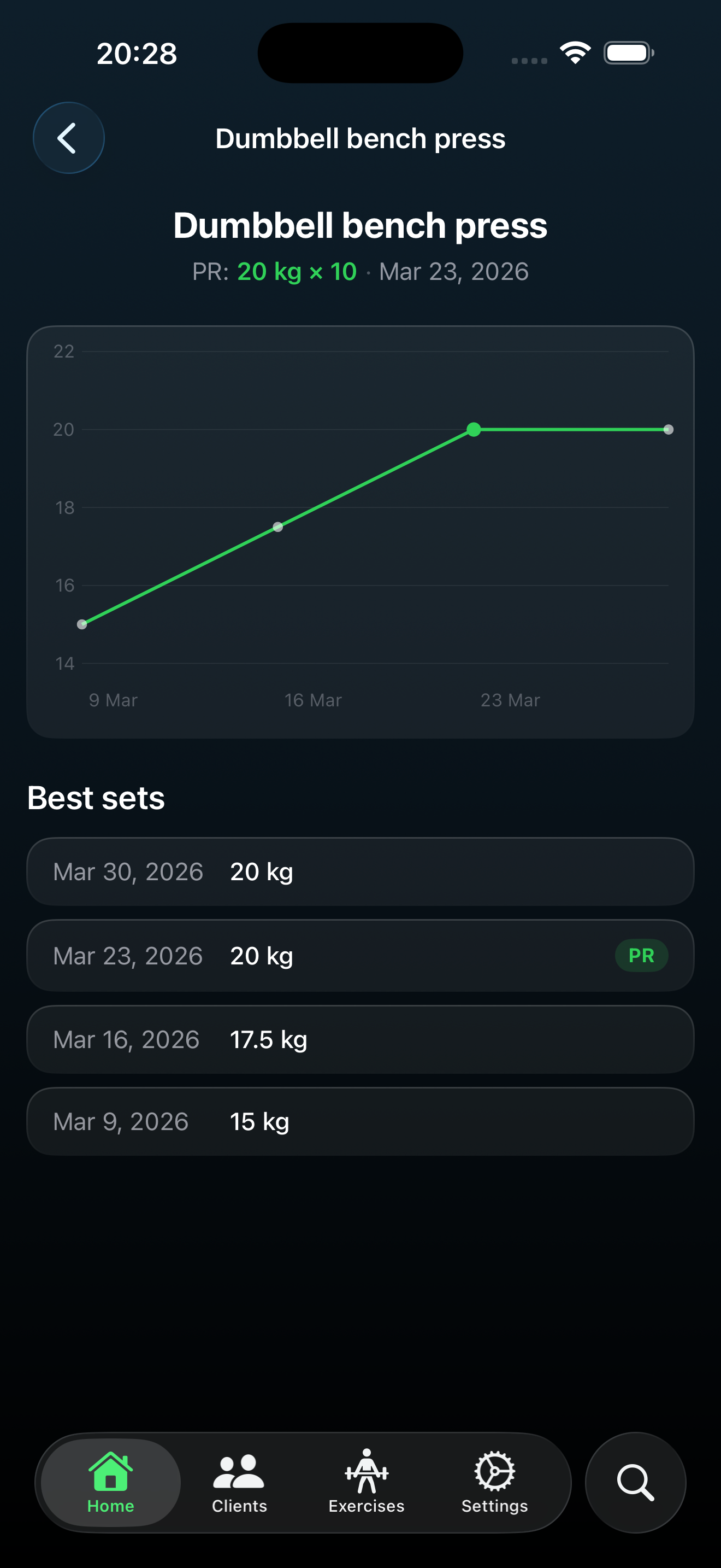 Trainer Tools progress chart showing strength gains over time with best sets history and personal record badges