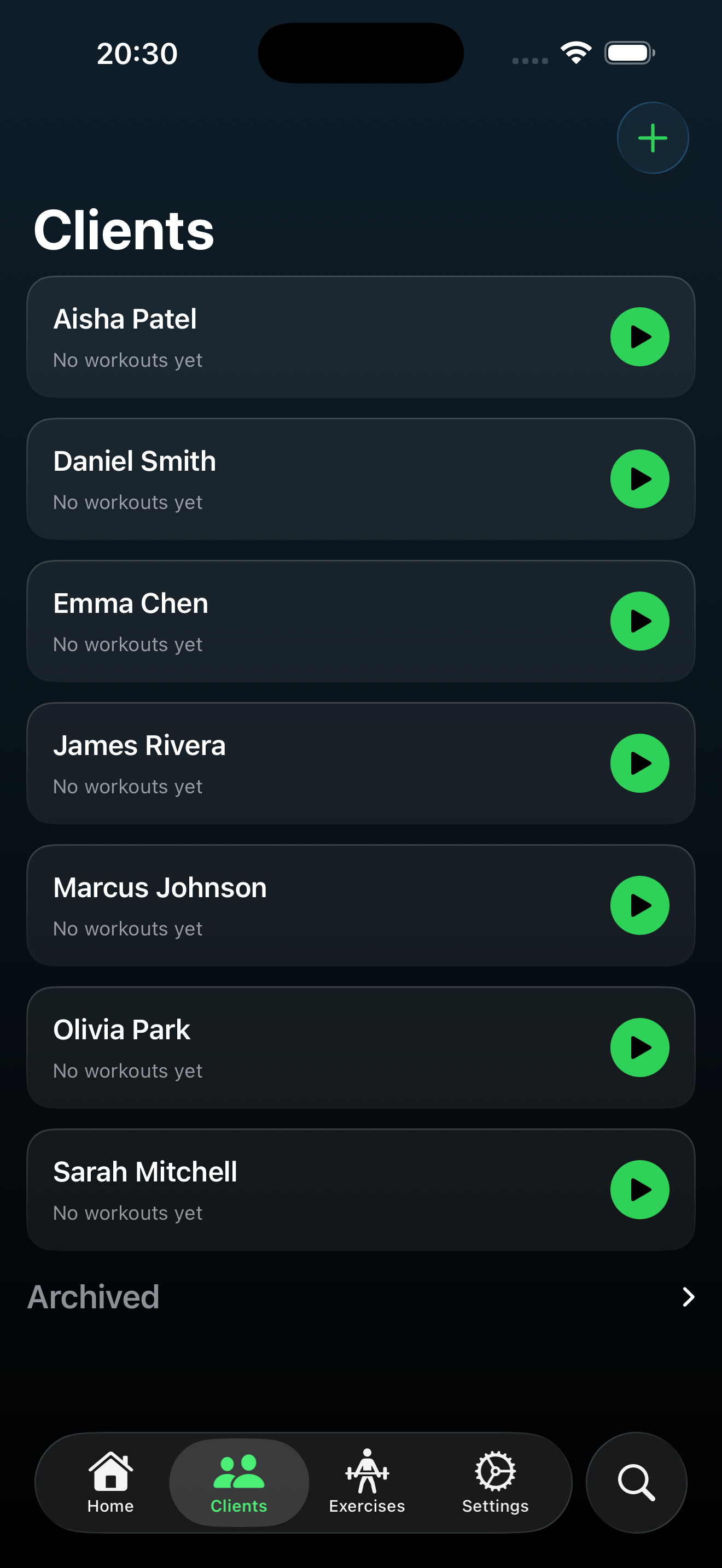 Trainer Tools client list showing all personal training clients with quick-start workout buttons