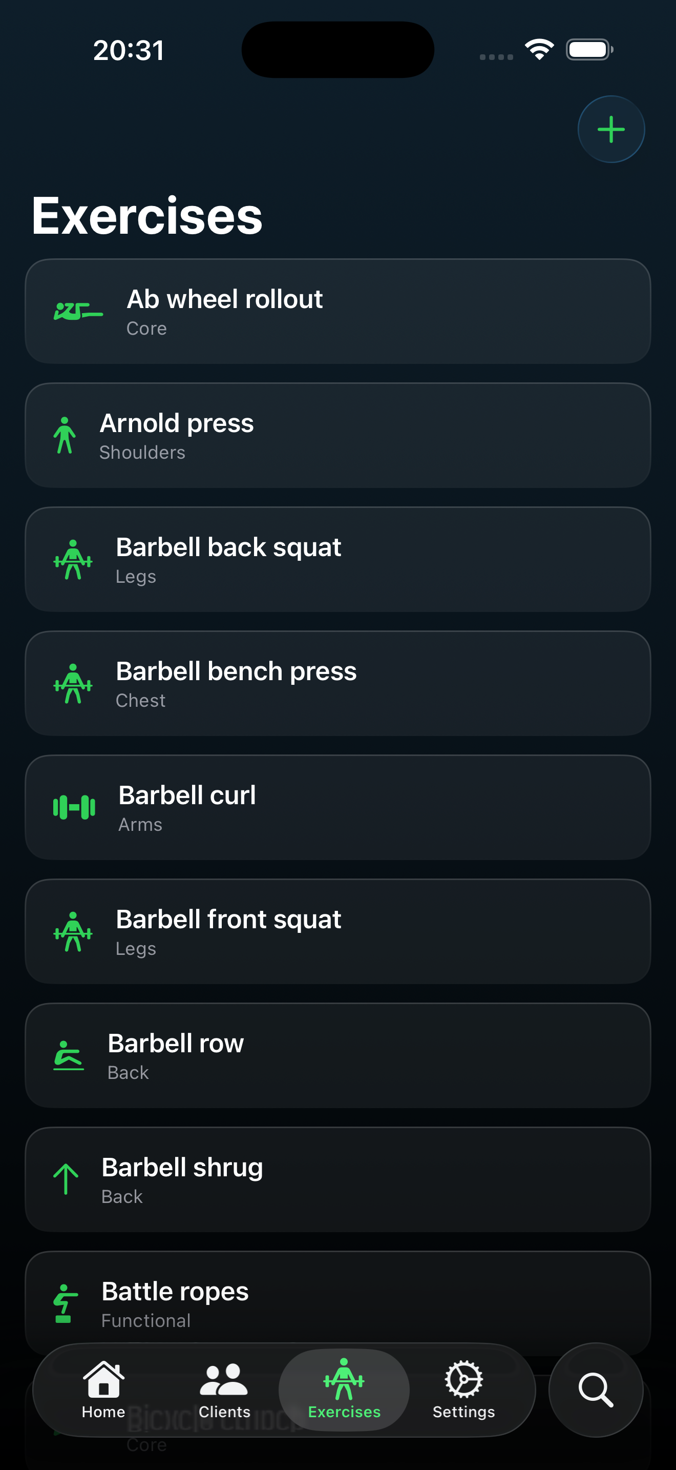 Trainer Tools exercise library showing 88+ built-in exercises organized by muscle group with custom exercise creation