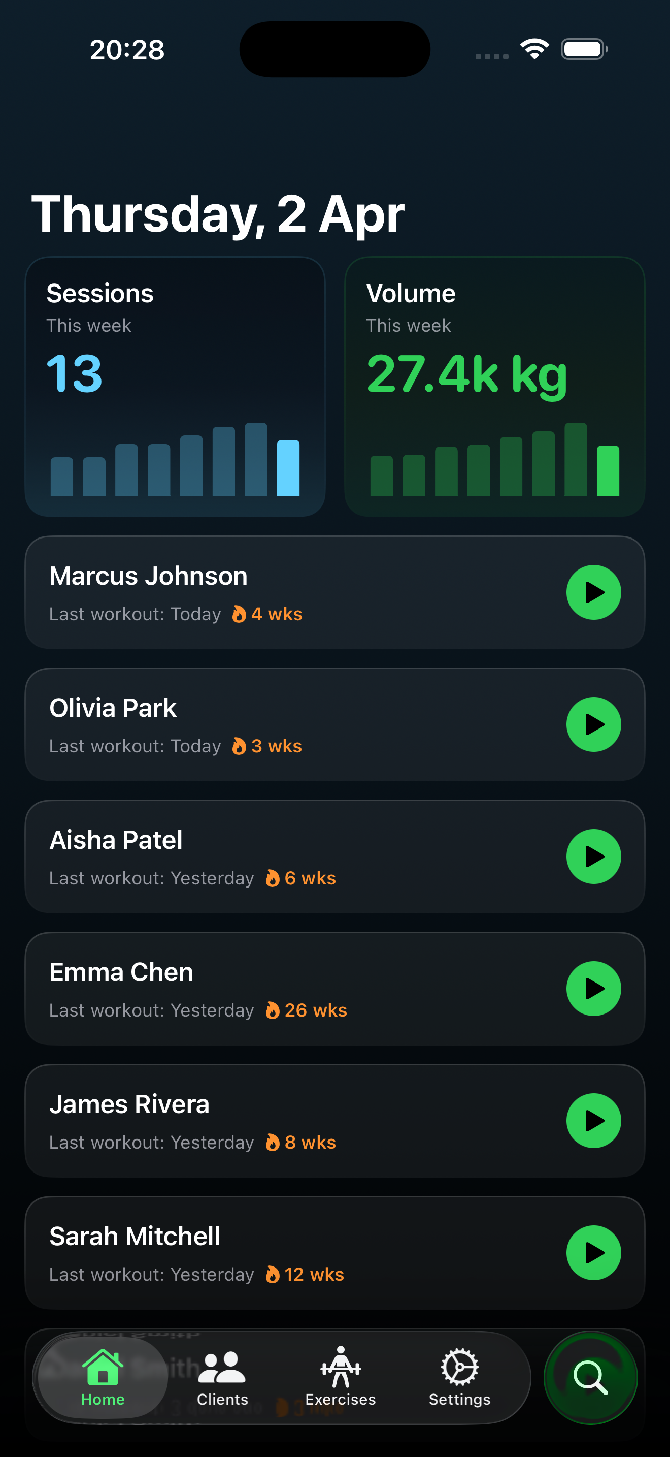 Trainer Tools app home screen showing client list with workout sessions and training volume stats