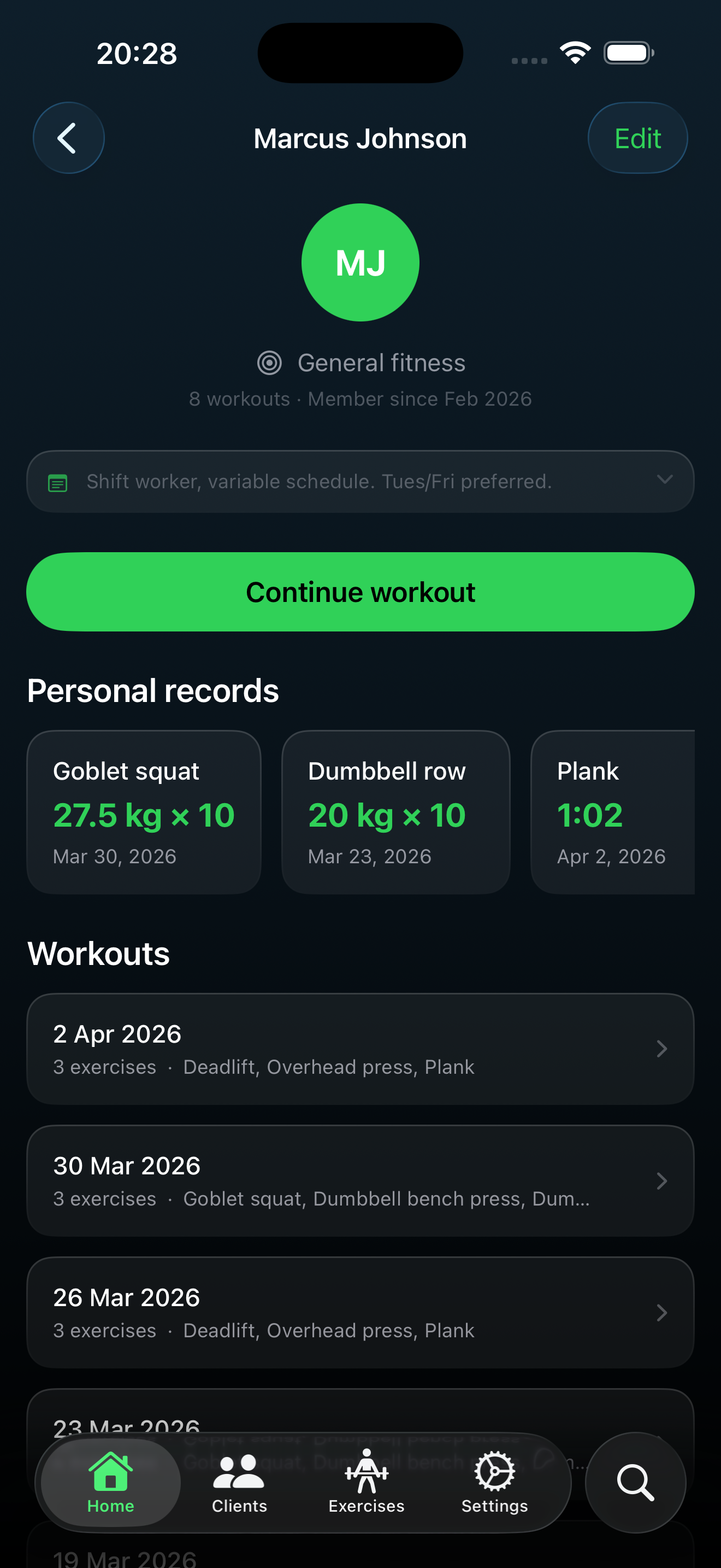 Trainer Tools client profile screen showing personal records, workout history, and client notes for Marcus Johnson