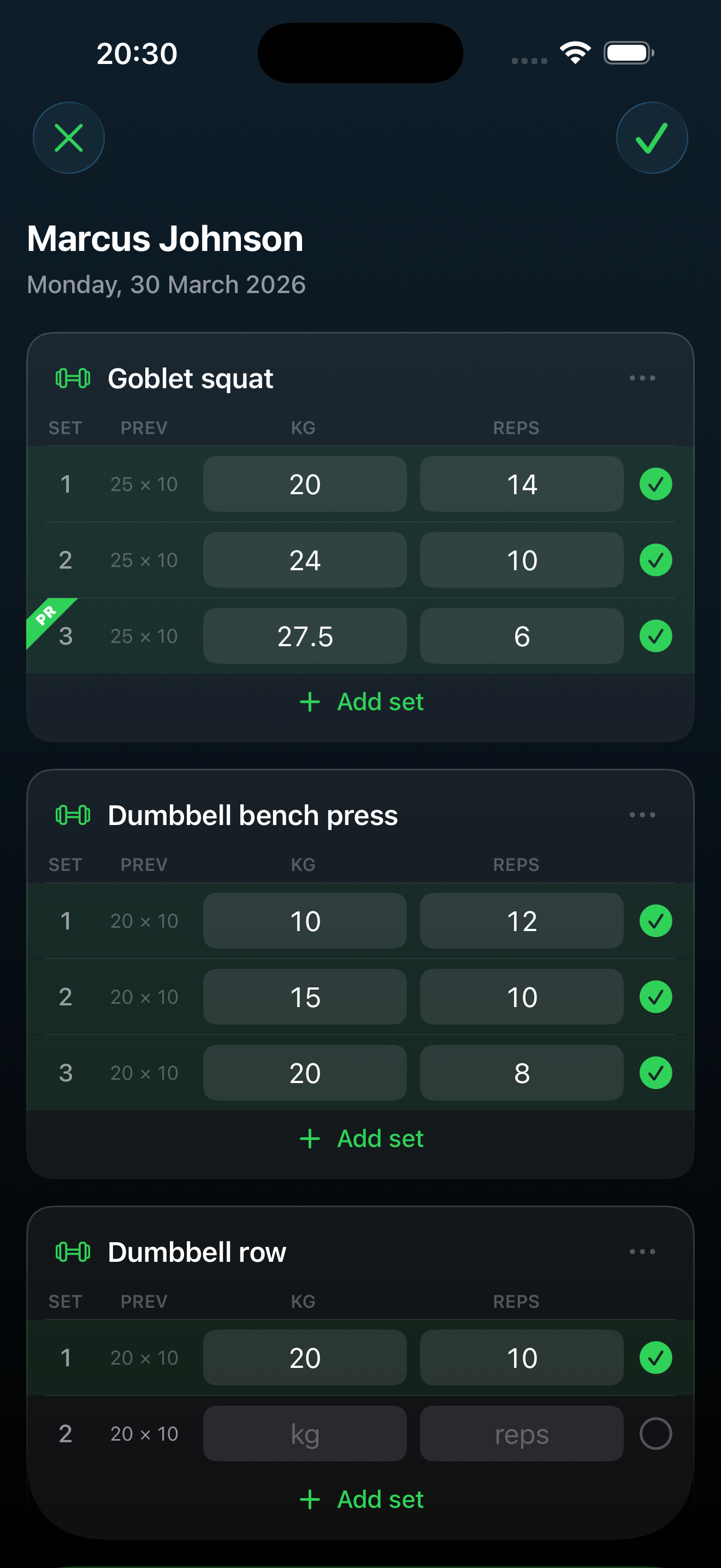 Trainer Tools workout logging screen showing sets, reps, and weight tracking for goblet squat, bench press, and dumbbell row
